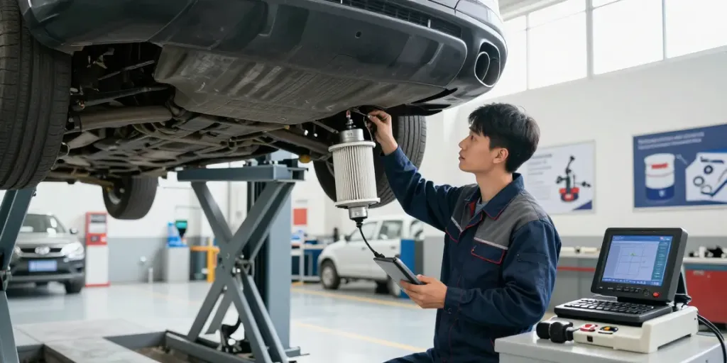 DPF Reinigung Hannover: Mechaniker inspiziert Dieselpartikelfilter in einer modernen Werkstatt.