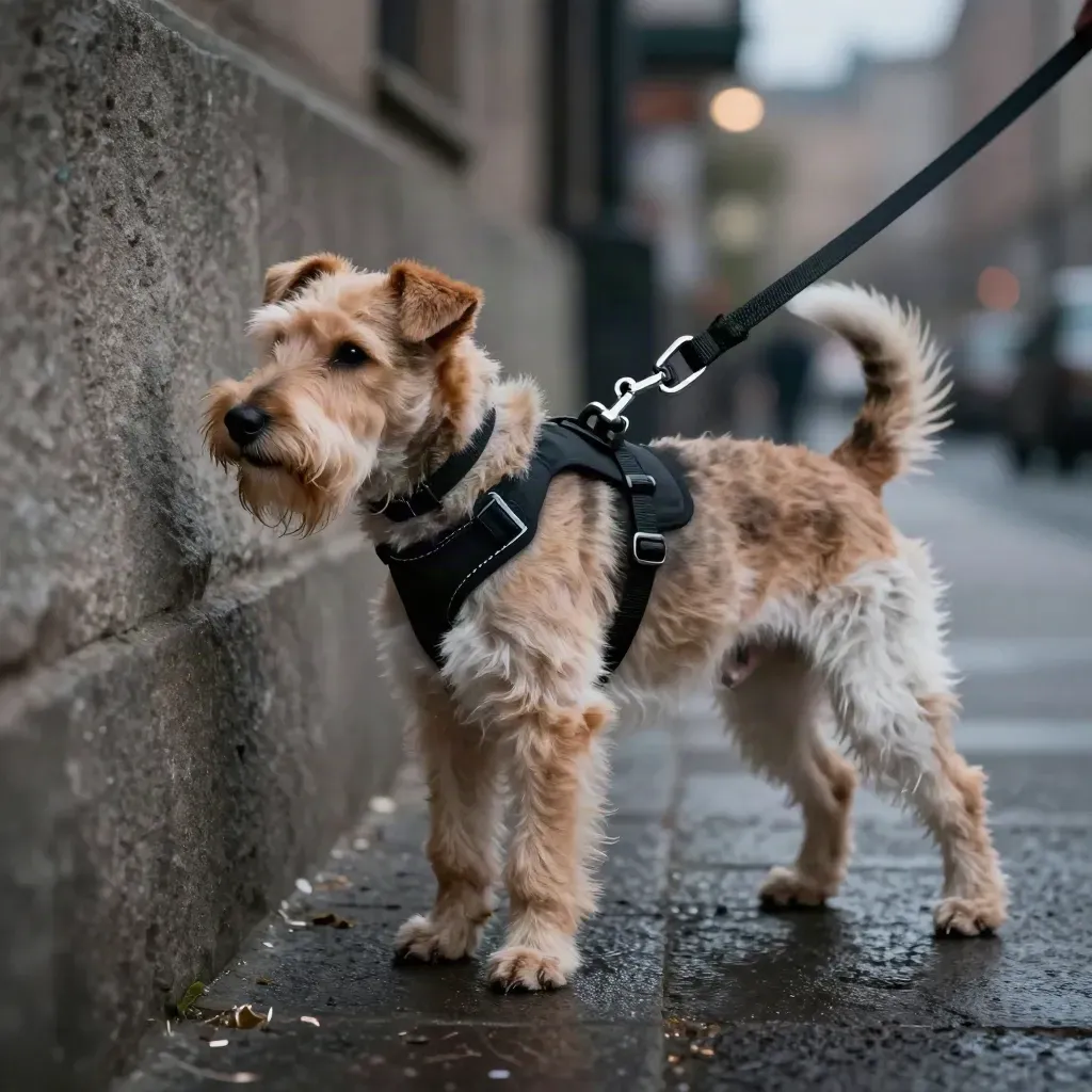 Terrier zieht kurz an einer City-Leine am Steinwall im Abendlicht.