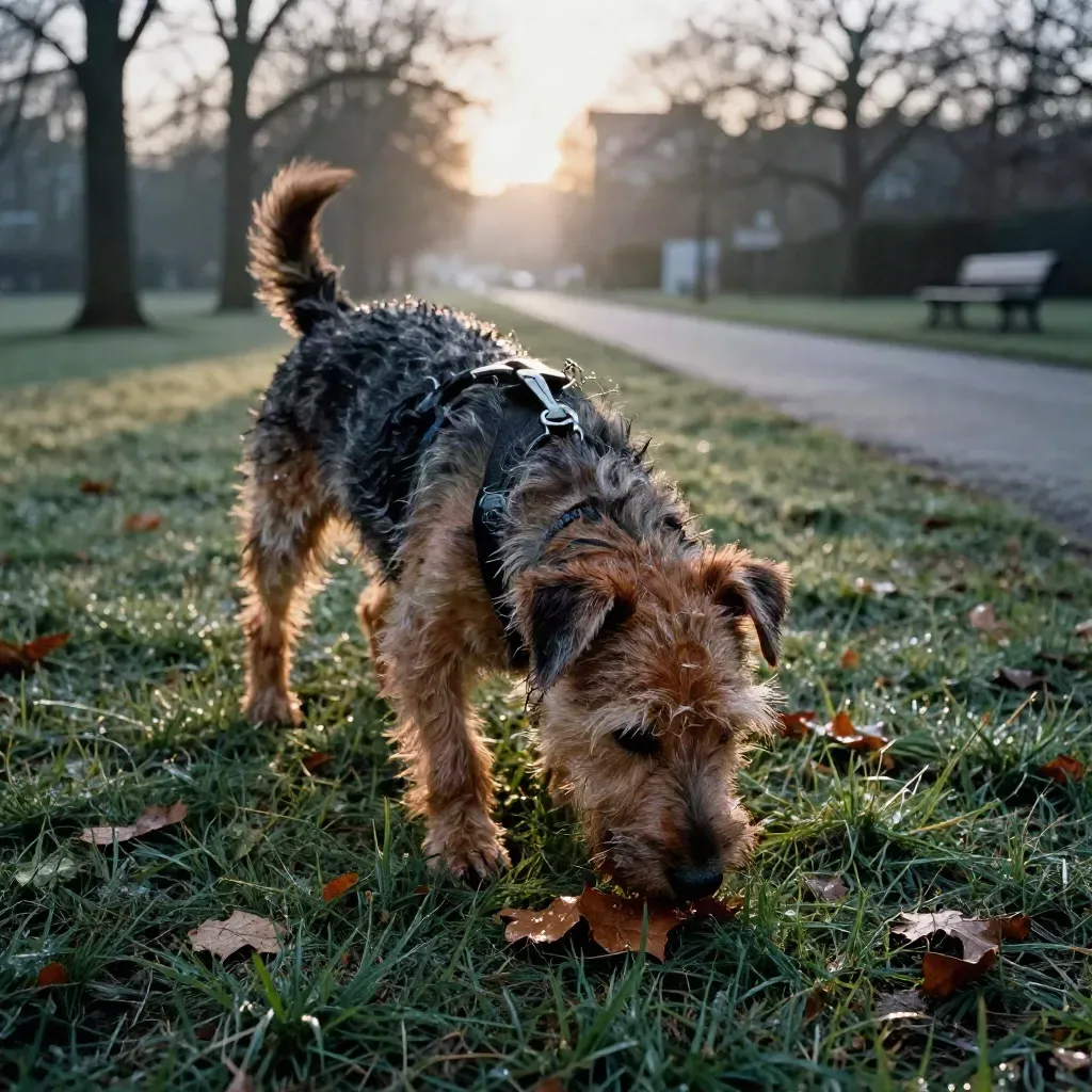 Kleiner Terrier schnüffelt im taufrischen Parkgras, nasses Laub und Weg im Hintergrund.