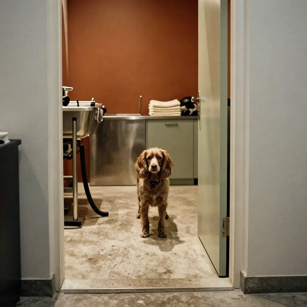 Spaniel im Türlicht eines Münchner Grooming-Salons mit Stahlwanne und Handtüchern.