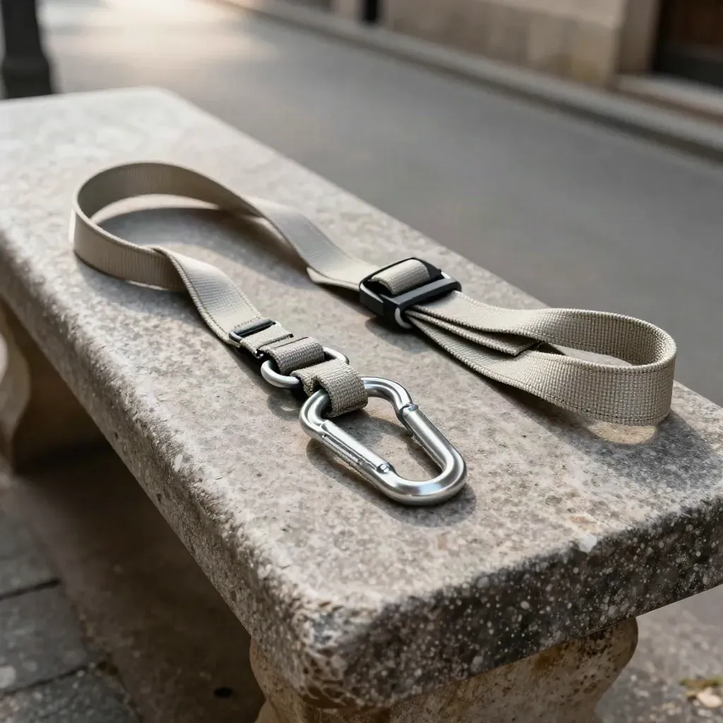 Abgenutzte City-Leine, Geschirr und Karabiner auf einer Steinbank im Stadtinnenhof.