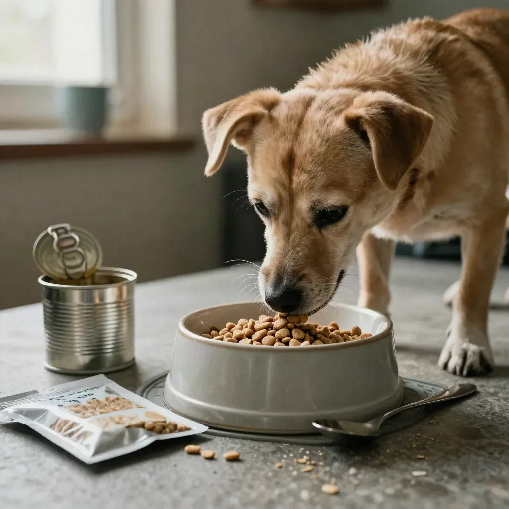 Kleiner hellbrauner Hund frisst morgens aus dem Napf neben Dose, Beutel und Löffel.
