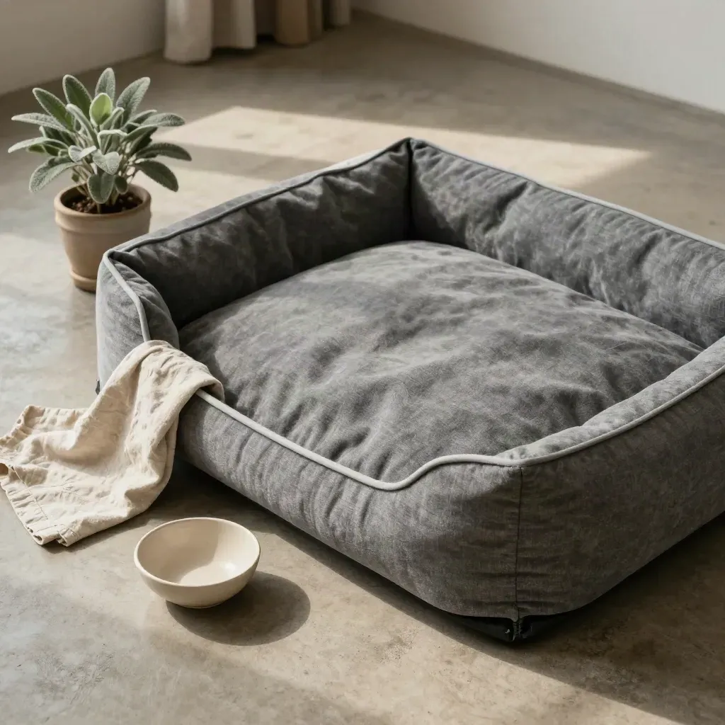 Graues Hundebett mit Pflanze, Leinentuch und Napf auf Betonboden von oben.