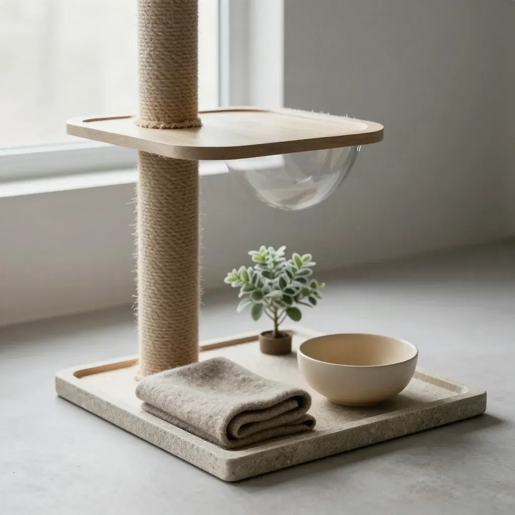 Kratzbaum-Aufsatz aus hellem Holz mit Sisal, Pflanze, Decke und Napf auf Steinplatte