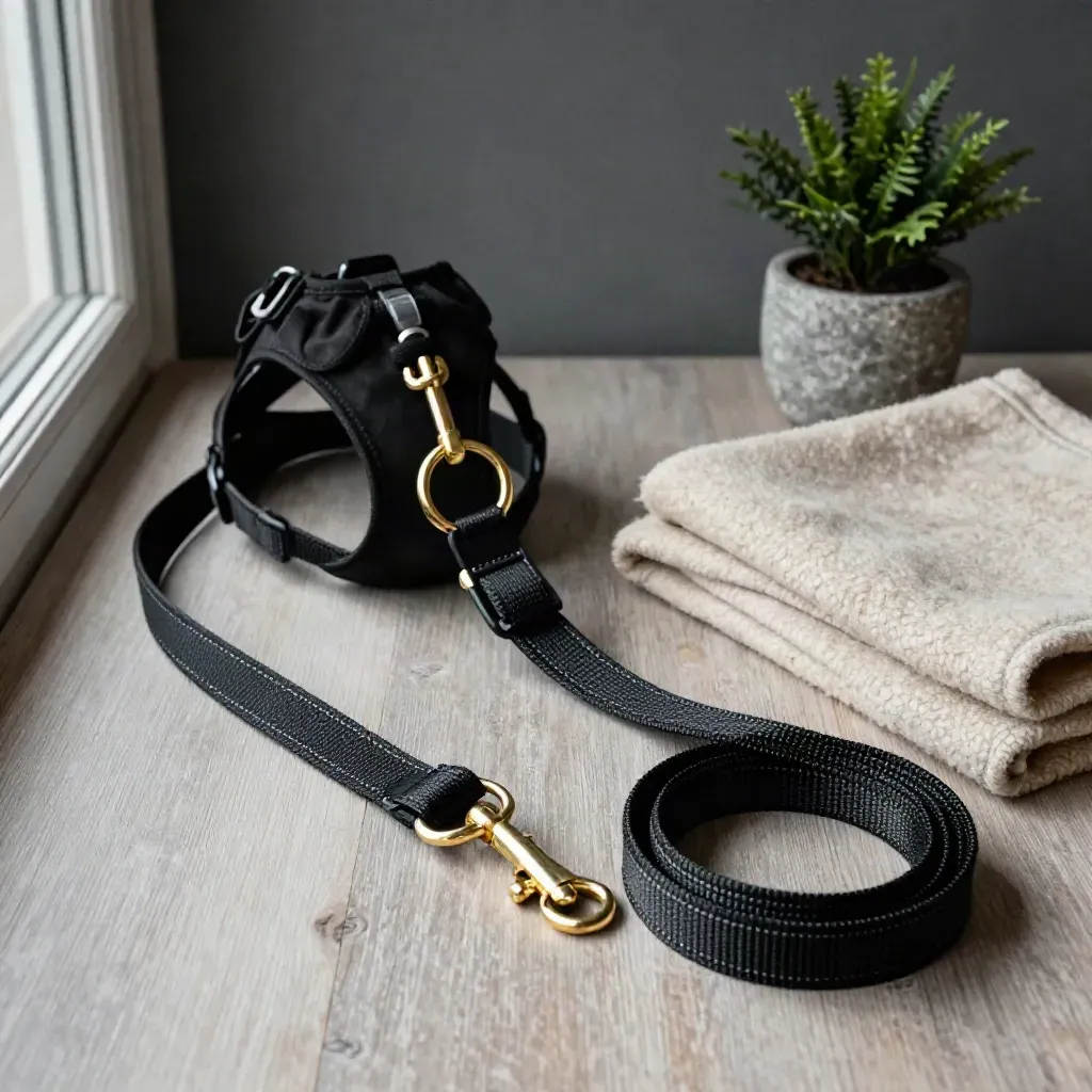 Schwarzes Hundegeschirr mit Messingring und Leine neben Decke und Pflanztopf
