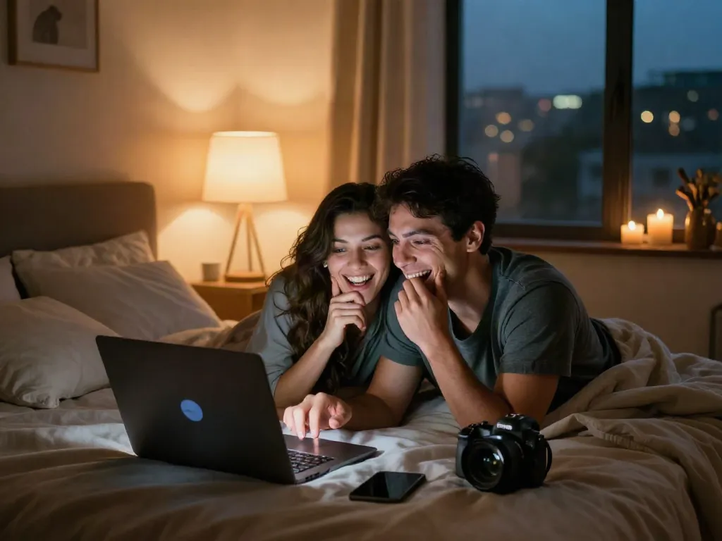 Couple engaging in intimate sex chat over video call in cozy bedroom setting.